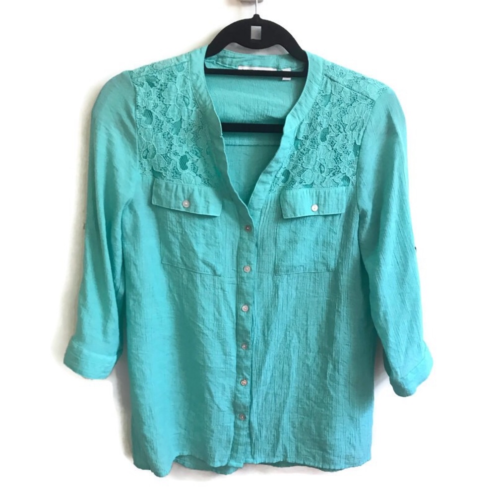 Notations Turquoise Lace Button Down Top